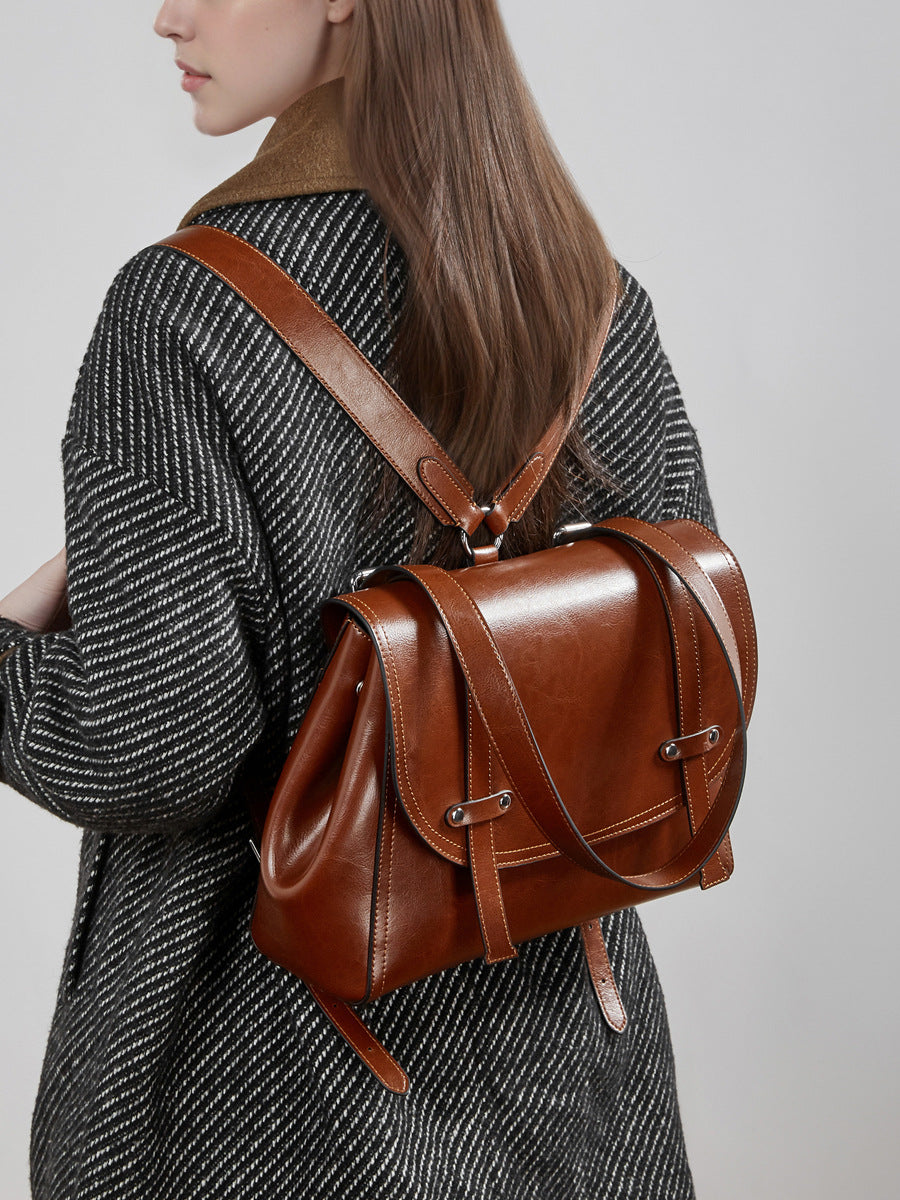 Women's Leather Design Oil Wax Cowhide Large Capacity Portable Diagonal Women's Backpack