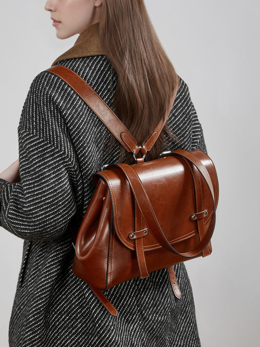 Women's Leather Design Oil Wax Cowhide Large Capacity Portable Diagonal Women's Backpack