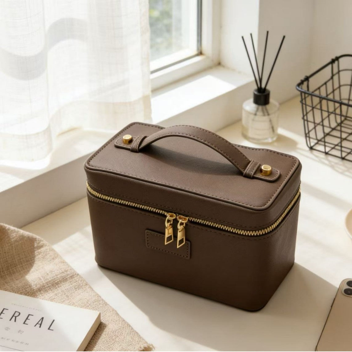 Cross Pattern Leather Golden Hardware Portable Beauty Storage Skin Makeup Bag