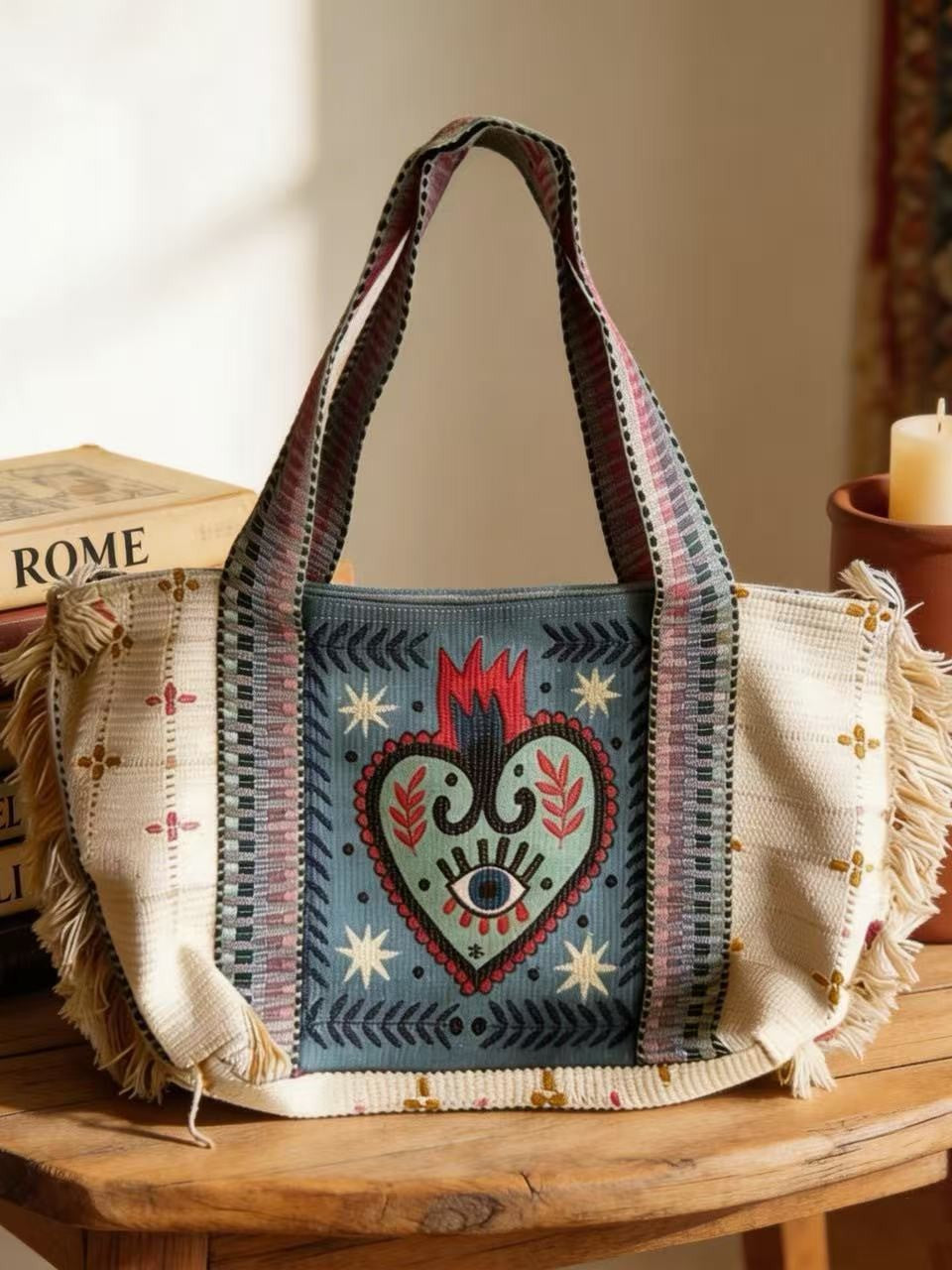 Women's Heart Embroidered Tassel Woven Commuter Large Tote Bags