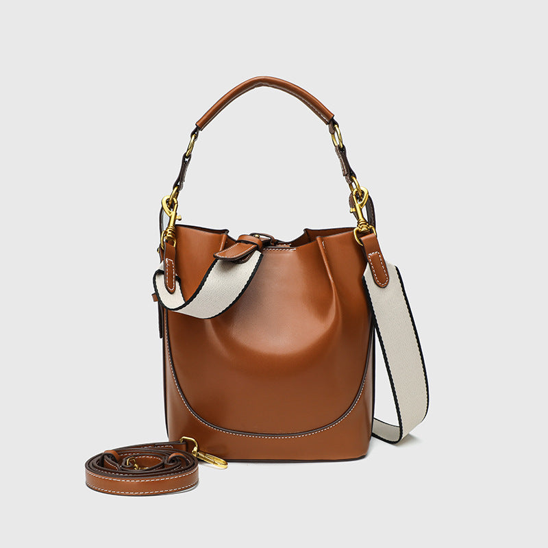 Women's Z Large Capacity Brown Drawstring Portable Cross Bucket Bag