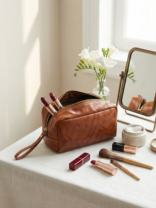 Tanned Leather Cowhide Wash Pencil Storage Large Makeup Bag