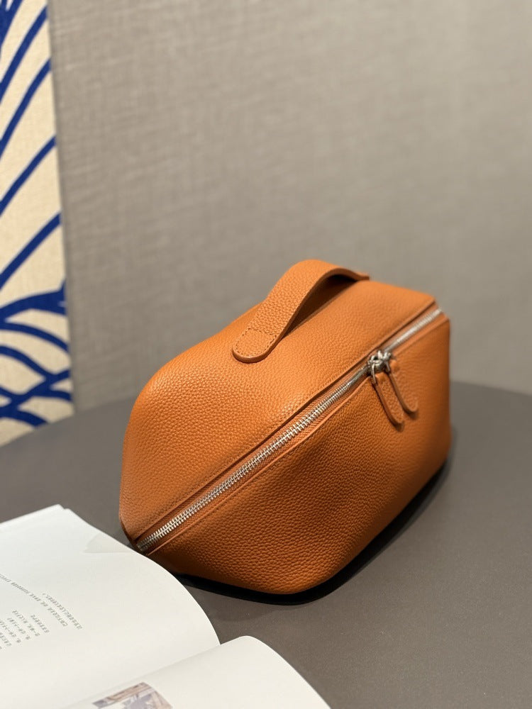 Simple High-grade First Layer Cowhide Texture Leather Portable Toiletry Large Cosmetic Bags