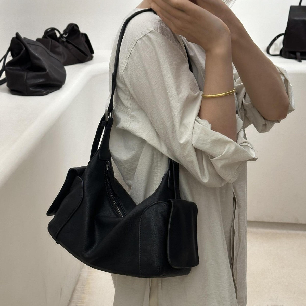 Women's Vegetable Tanning Leather Simple Niche Design Genuine Dumpling Women's Shoulder Bag