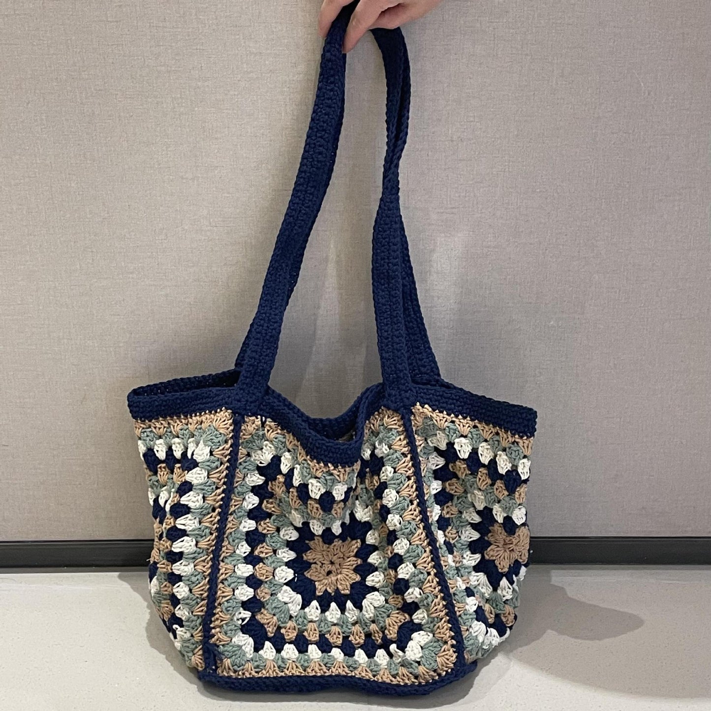 Women's Bohemian Navy Blue Woven Cotton Large Capacity Bags