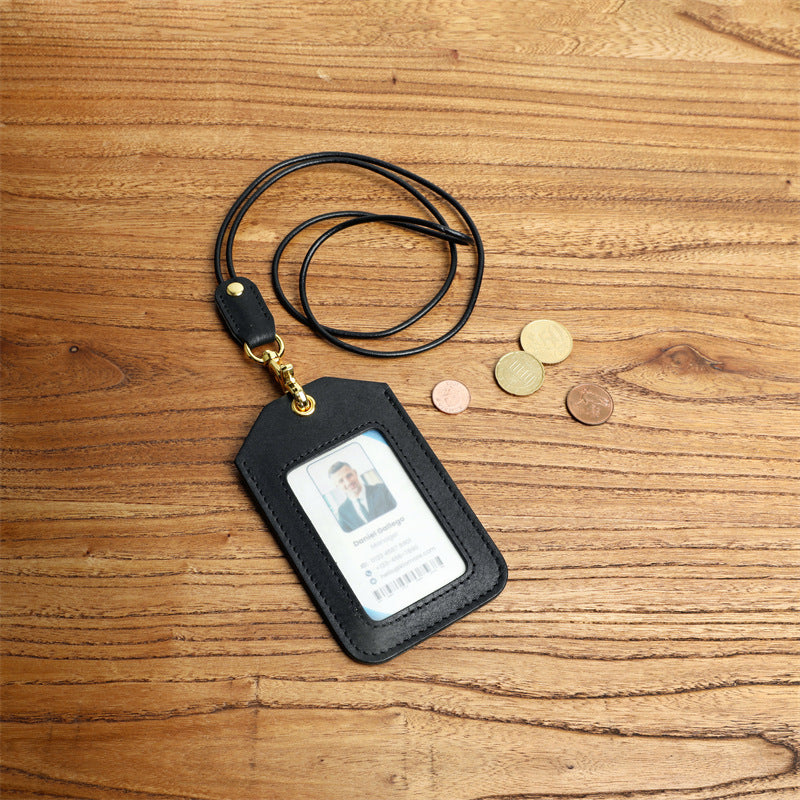 Cowhide Work Certificate With Lanyard Badge Entry Exit Permit Bus Card Pack Card Sleeve