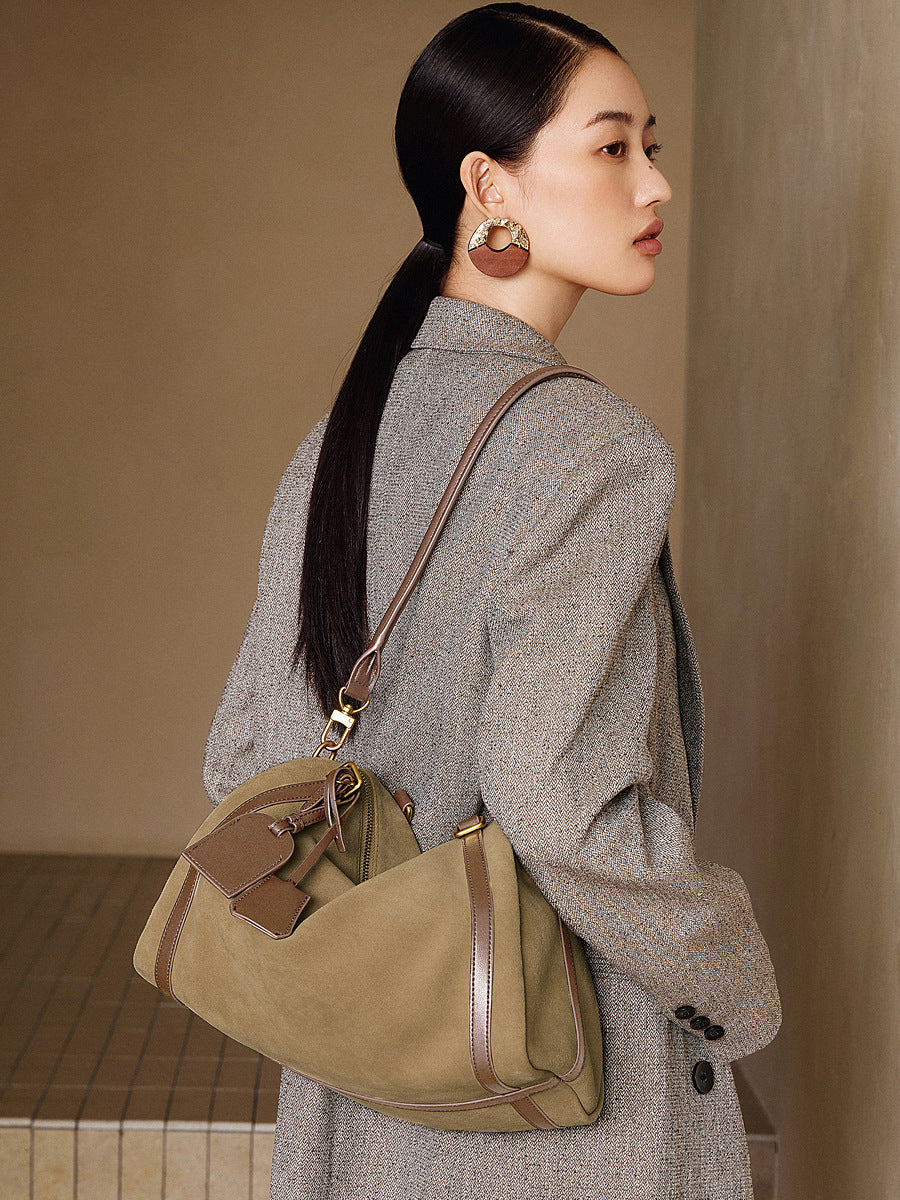 Women's Frosted Cowhide Bowling Large Capacity Boston Deerskin Bucket Bag