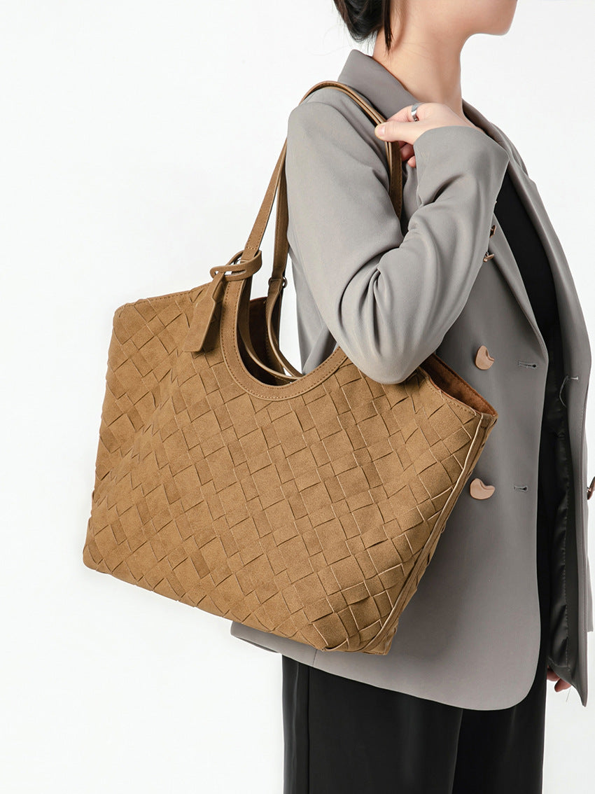 Women's Old Money Style Suede Autumn Large Capacity Woven Portable Tote Bag
