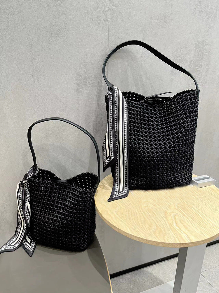Capacity Nylon Cloth Hand-woven Underarm Hollow Bucket Bags