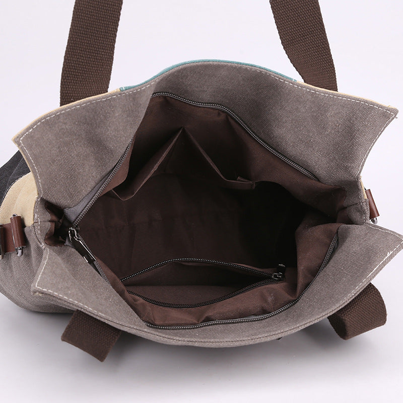 Women's Canvas Fashion Contrast Color Large Capacity Retro Handbags