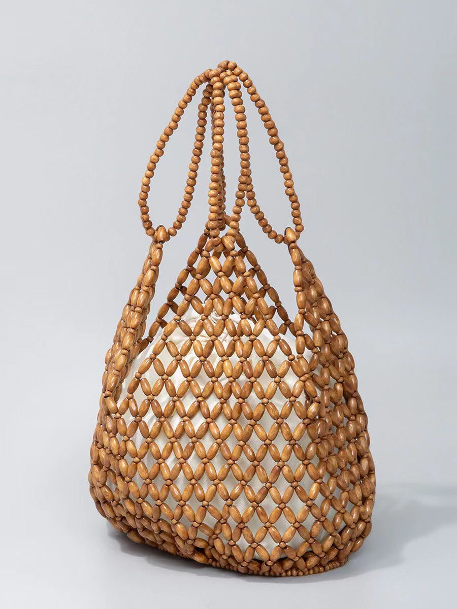 Handmade Beaded Wooden Bead Weaving Hollow Women's Handbag