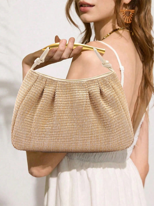 Summer Bronze Hardware Portable Exquisite Straw Beach Vacation Women's Handbag