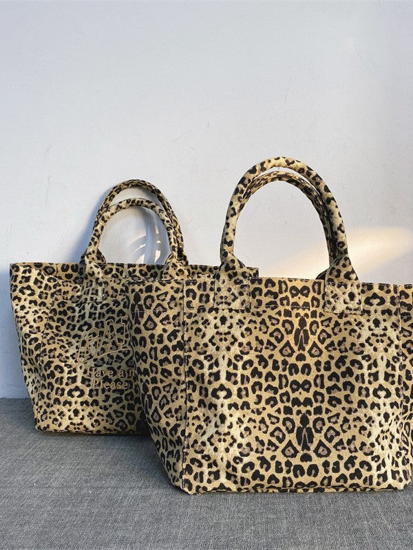 Women's & Men's Leopard Print Embroidered Canvas Leisure Shopping Tote Bag