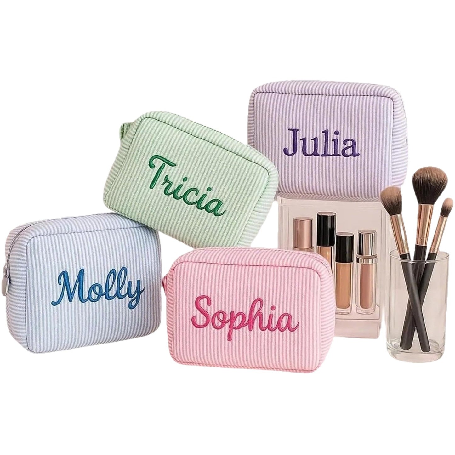 Embroidery Name Striped Make-up Portable Storage Makeup Bag