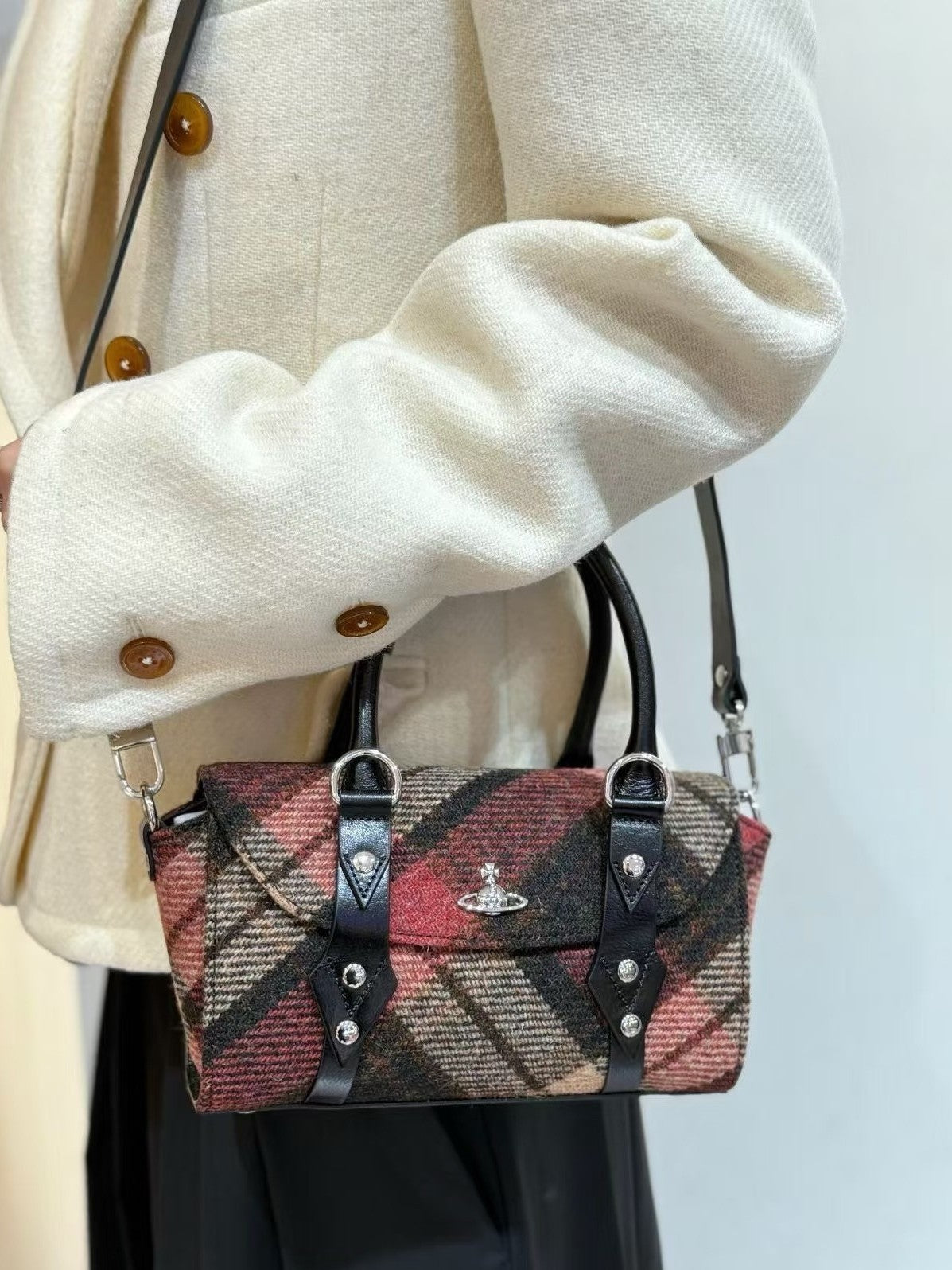 Saturn Retro Plaid High-grade Woolen Portable Women's Handbag