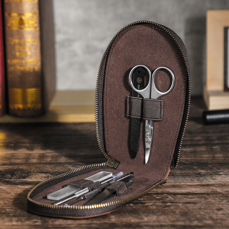 Men's Crazy Horse Leather Nail Clippers Suit Zipper Genuine Fingernail Maintenance Makeup Bag