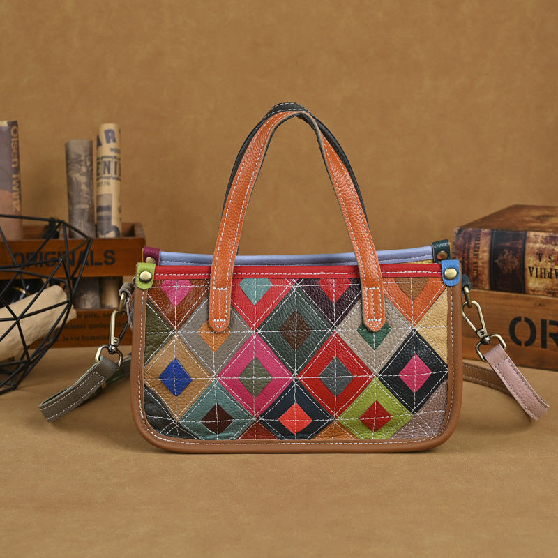 Women's Genuine Leather Design Stitching Contrast Color Ladies Bags