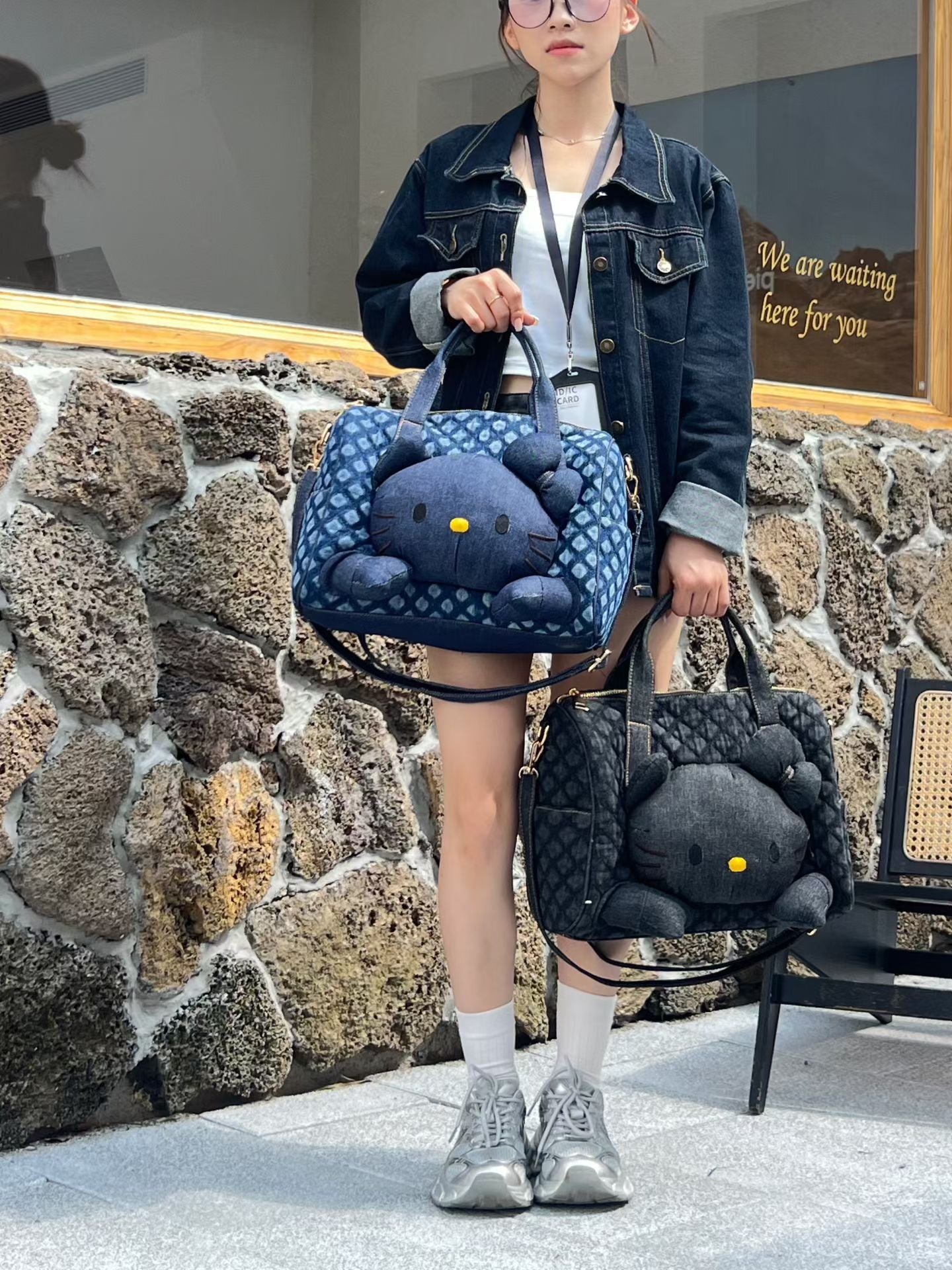 Style Black Leather Cat Rhombus Pillow Denim Personalized Doll Women's Shoulder Bag