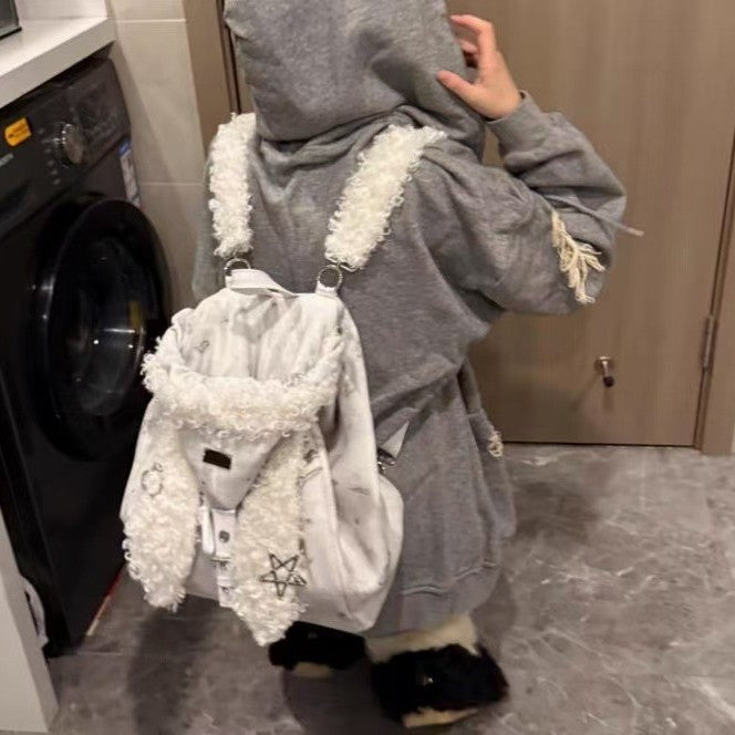 Women's High-grade Cute Fluffy Rabbit Ears Hat Large Women's Backpack