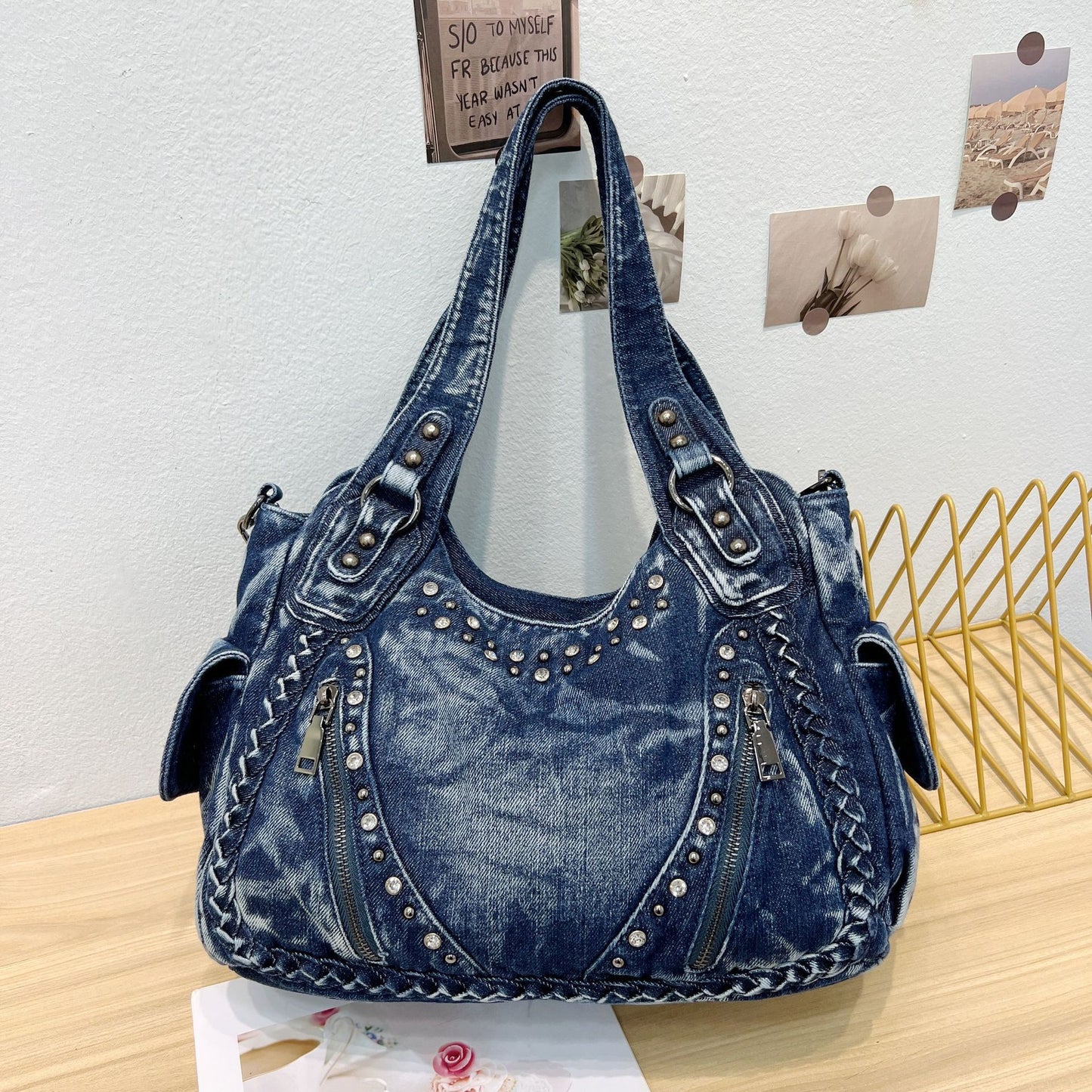 Women's Korean Personal Leisure Rivet Fashionable Washed Denim Large Tote Bag