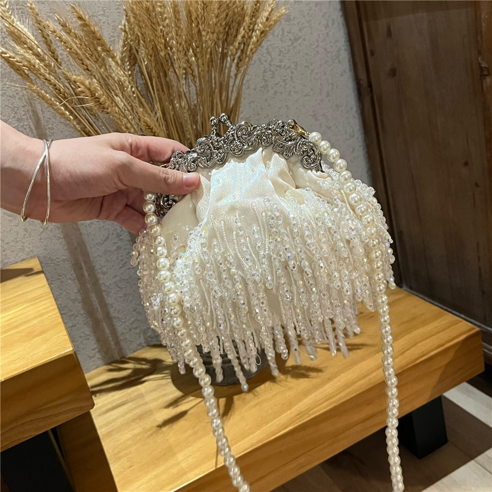 Beaded Tassel Lady Clutch Pearl Chain Women's Handbag