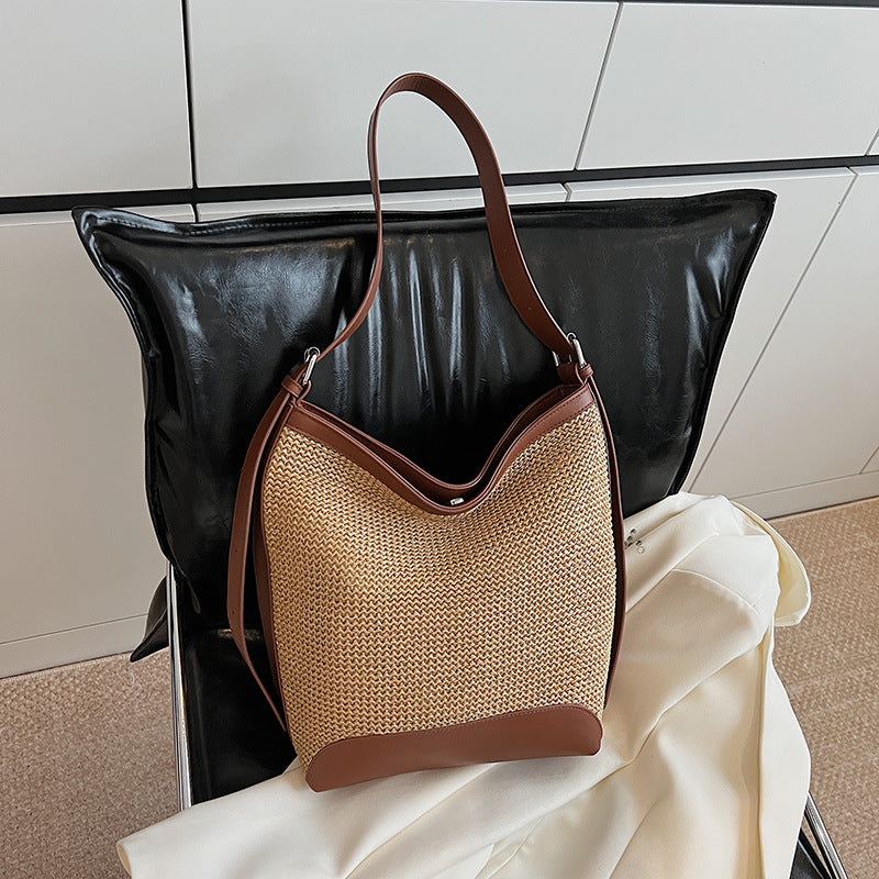 Simple Straw Woven Large Capacity Underarm Bucket Bag