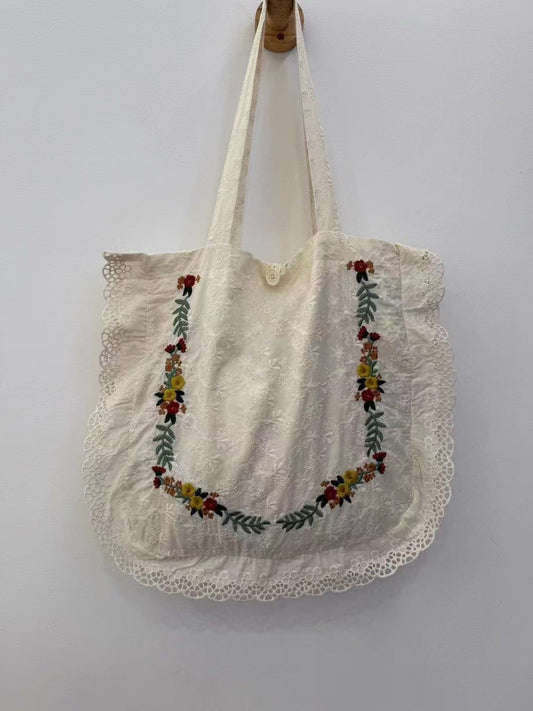 Embroidery Stitching Lace Cotton Linen Mori Style One Women's Shoulder Bag