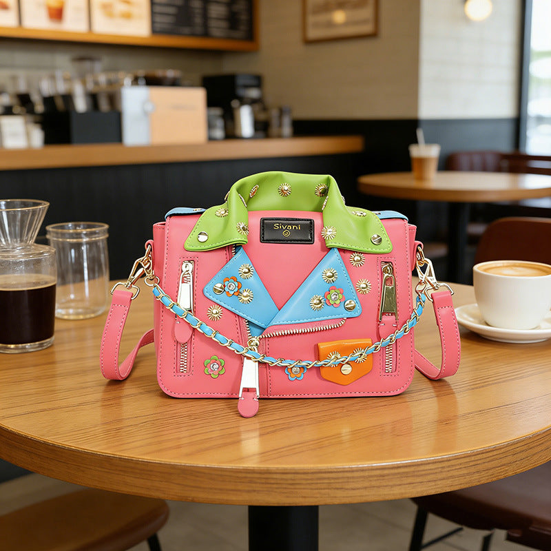 Women's Personalized Leather Jacket Fashion Studded Trend Chain Sling In Women's Shoulder Bag