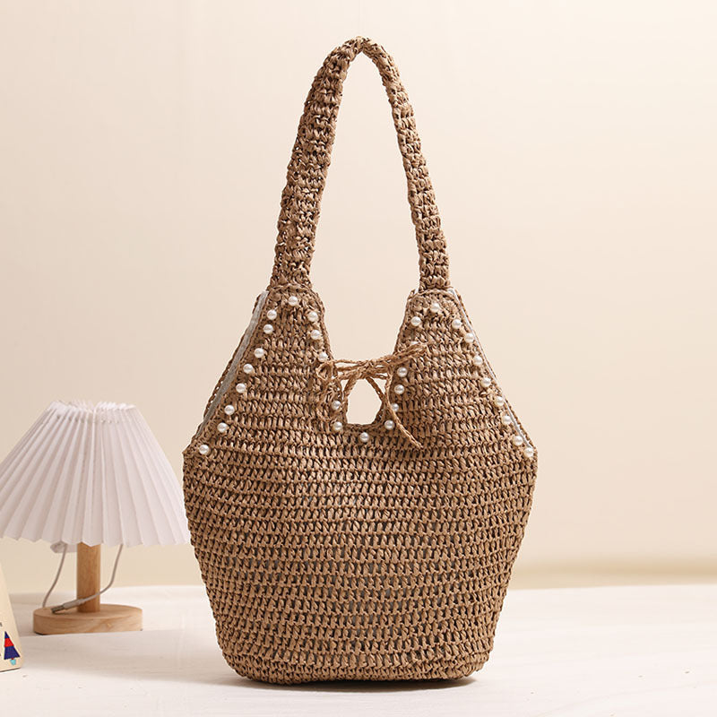 High-grade Large Capacity Straw Fashion Imitation Pearl Women's Shoulder Bag