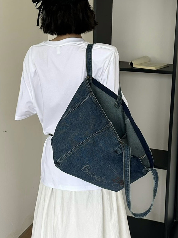 Simple Washing Water Denim Western Style Printing Large Women's Shoulder Bag