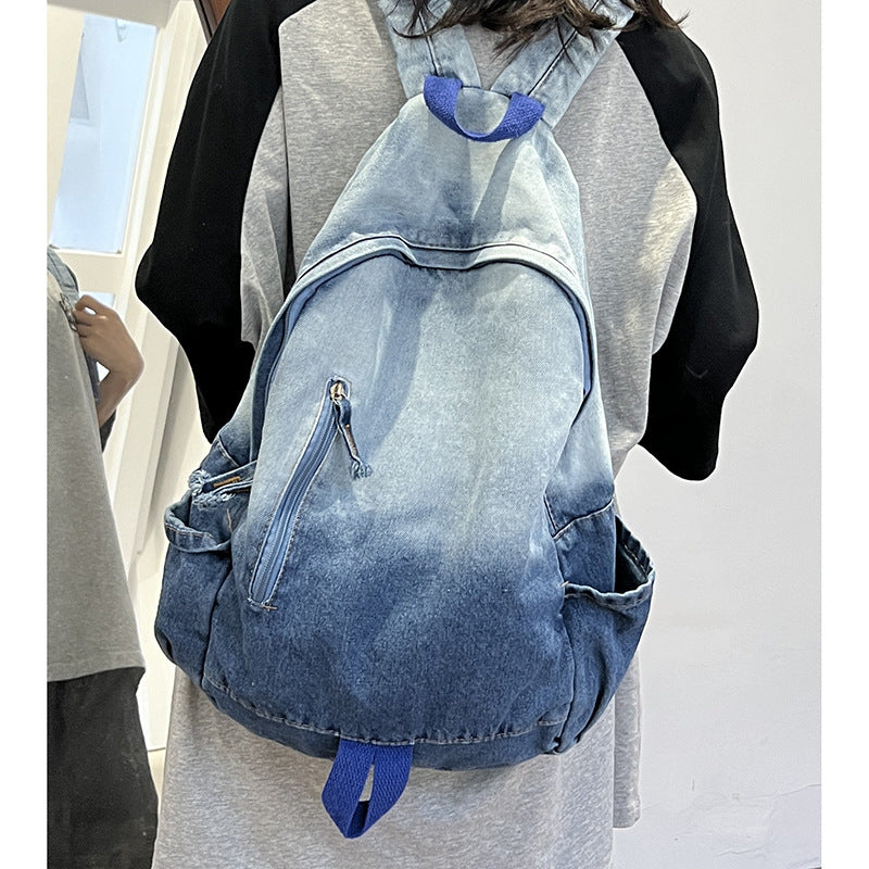 Women's Washed Denim Fashion Gradient High College Korean Style Leisure Backpack