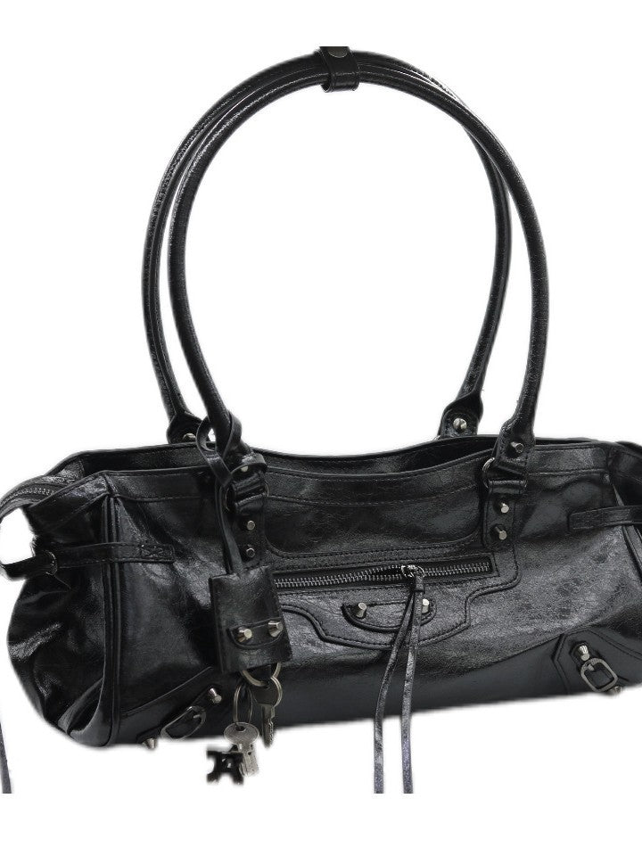 Pu Leather Motorcycle French Stick Button Women's Shoulder Bag