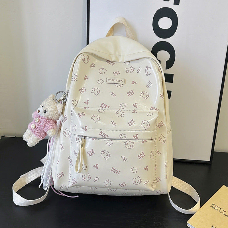 Women's Soft Leather Printed Cat Commute College Women's Backpack