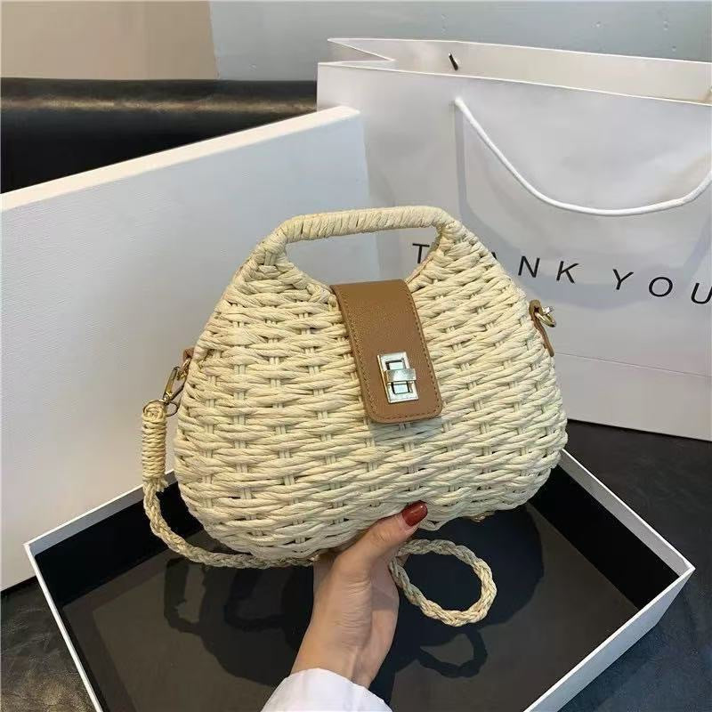 Iron Frame Shell Straw Solid Color Woven Seaside Vacation High Bags
