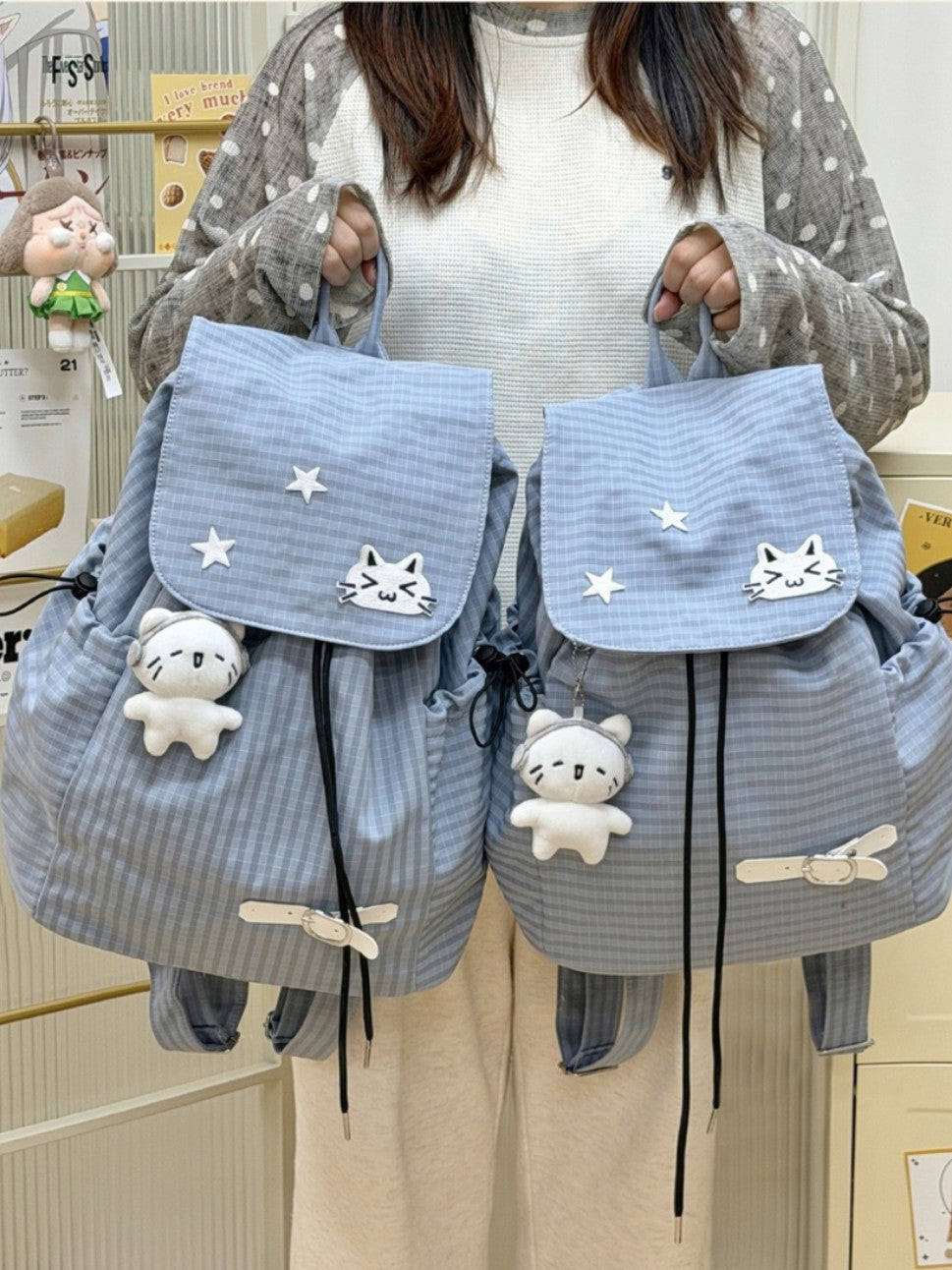 Embroidery Kitten Milk Blue Plaid Soft Leisure Backpack