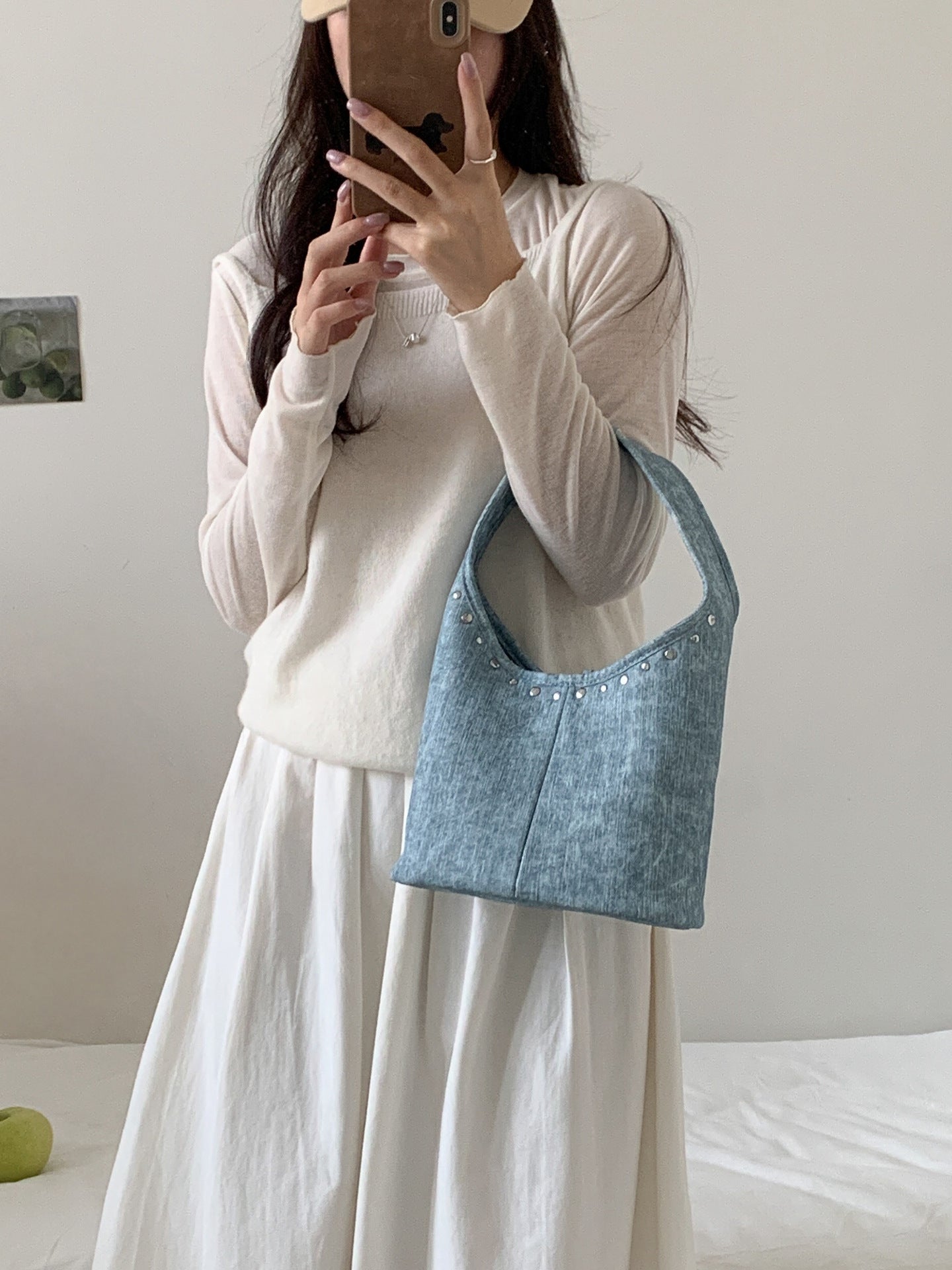 Vintage Faux Denim Rivet Drawstring Underarm Commute Korean Women's Handbag