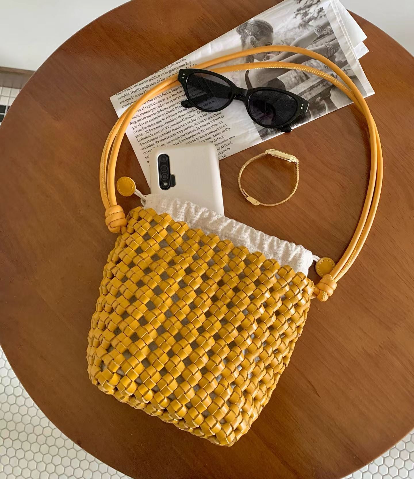 Windmill Knot First Layer Cowhide Handmade Woven Single Hollow Bucket Bags