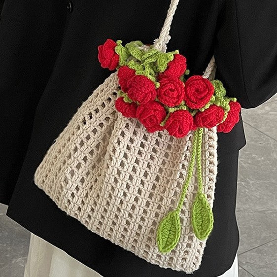 Rose Bouquet Blanket Handmade Crochet Woven Bucket Bags
