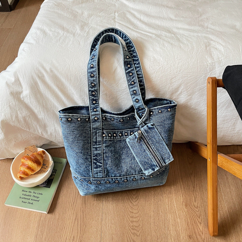Women's Denim Trendy Unique Studded Large Capacity Tote Bags