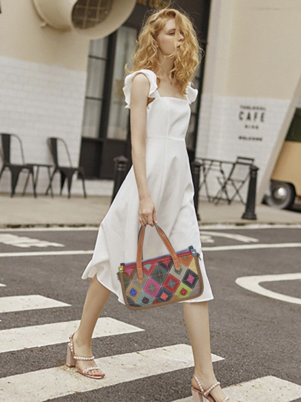Women's Genuine Leather Design Stitching Contrast Color Ladies Bags