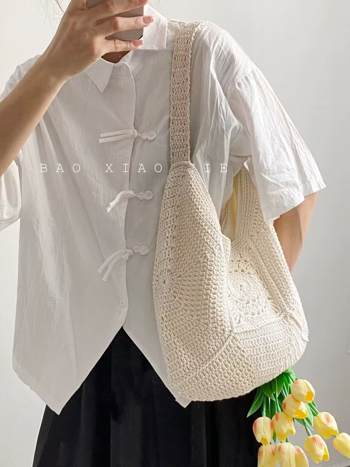 Women's Large Capacity Cotton Thread Woven Grandma Grid Bags