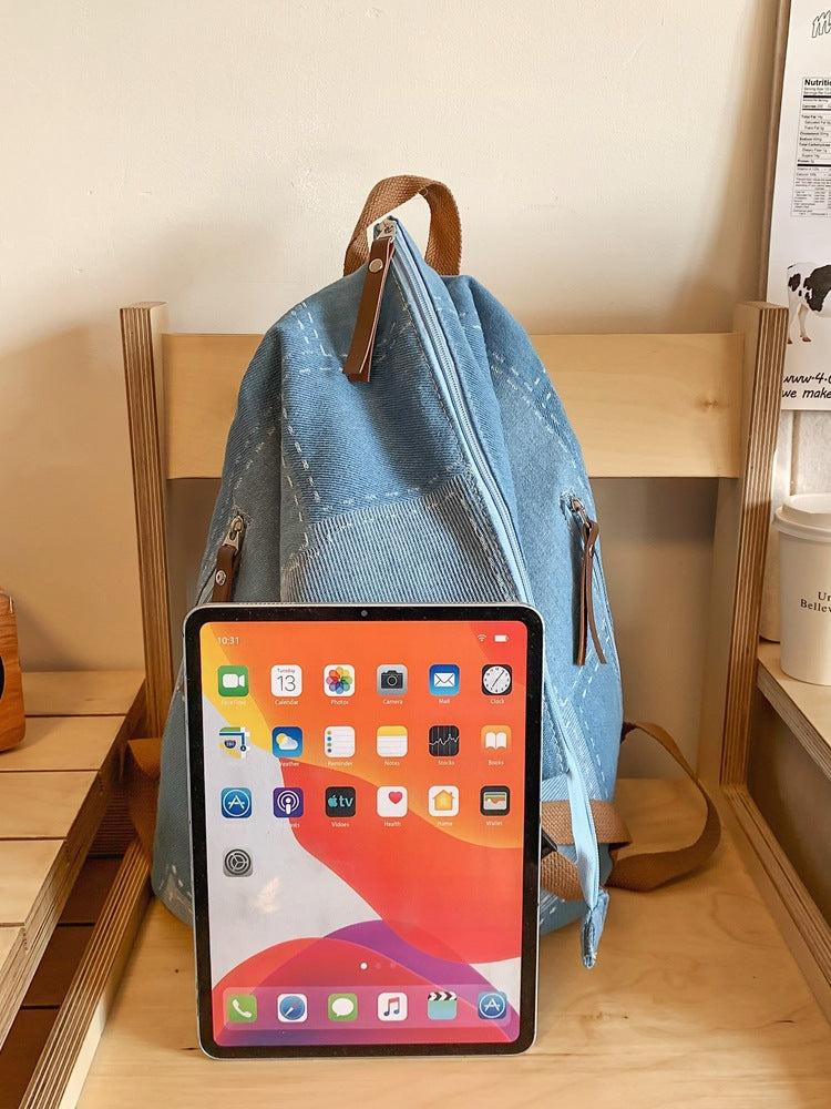 Personality Folding Denim Contrast Color Large Capacity Korean Style Backpacks