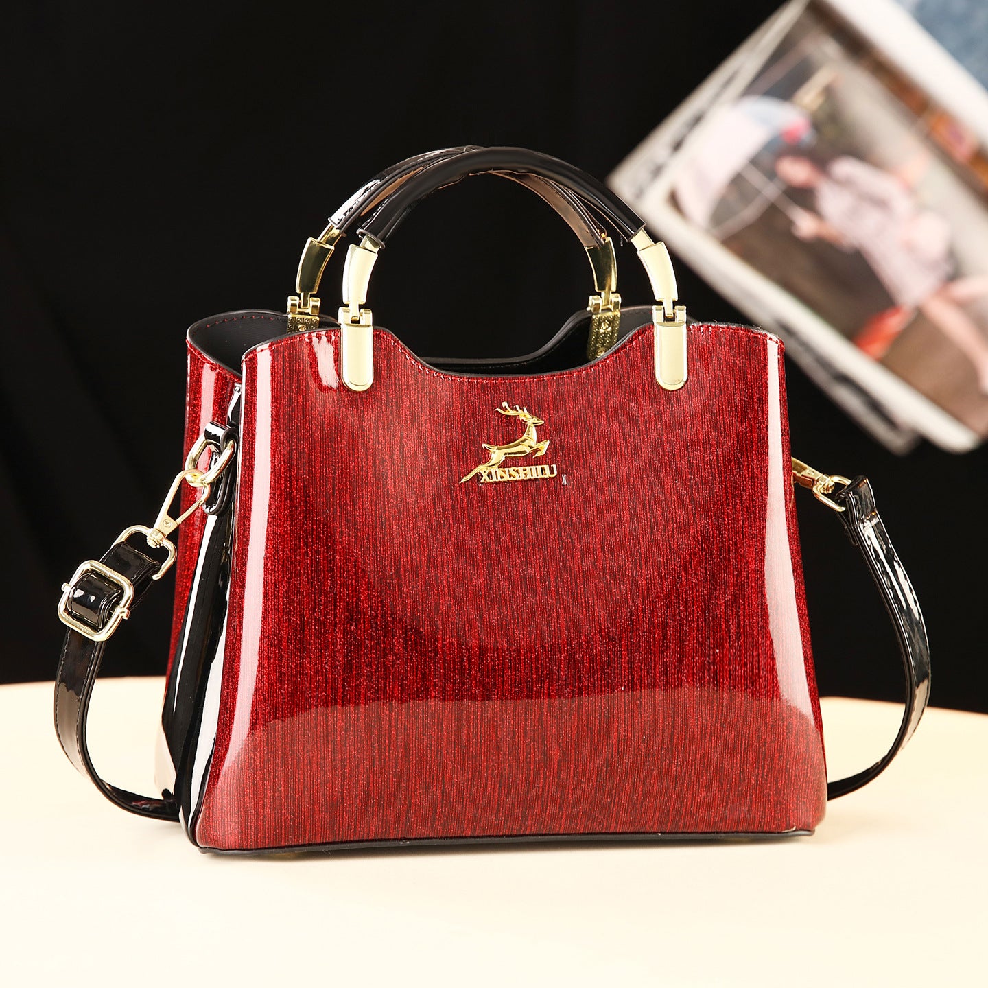 Women's Fashion Classic Shiny Leather Lady Large Bags