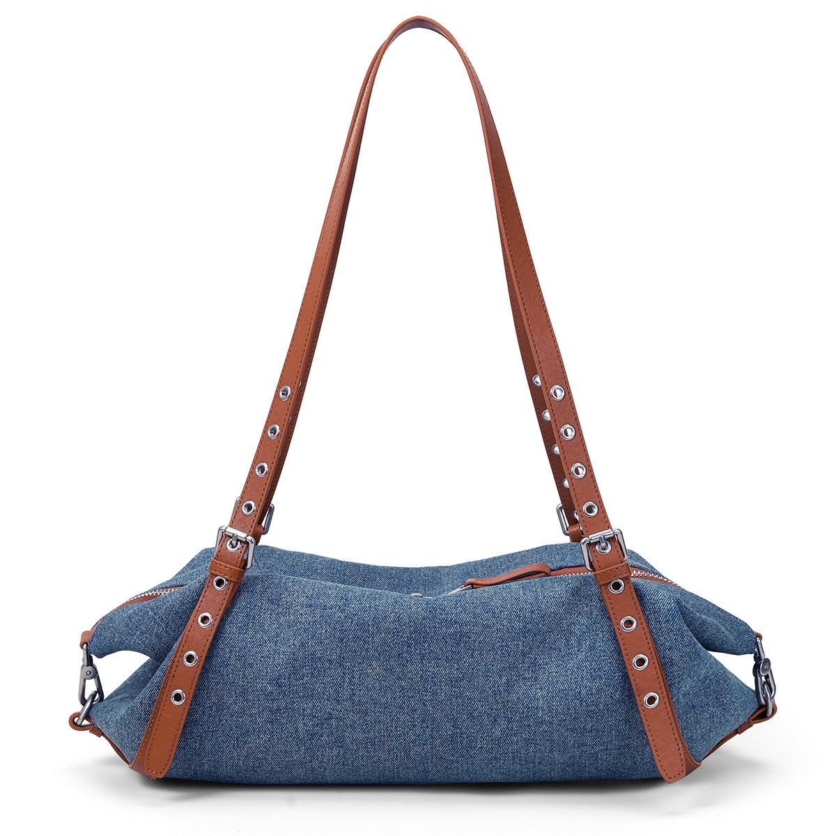 Women's Denim Stitching Leather Rivets Pillow Motorcycle Style Lazy Handbags