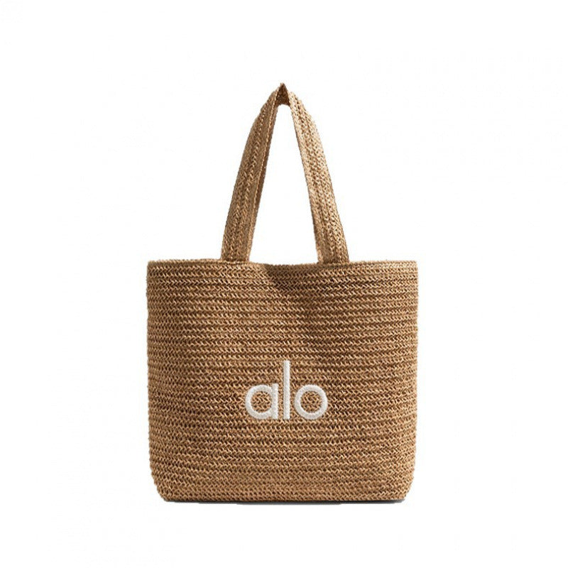 Women's Portable Letter Embroidery Hand Carrying Straw Woven Seaside Tote Bag
