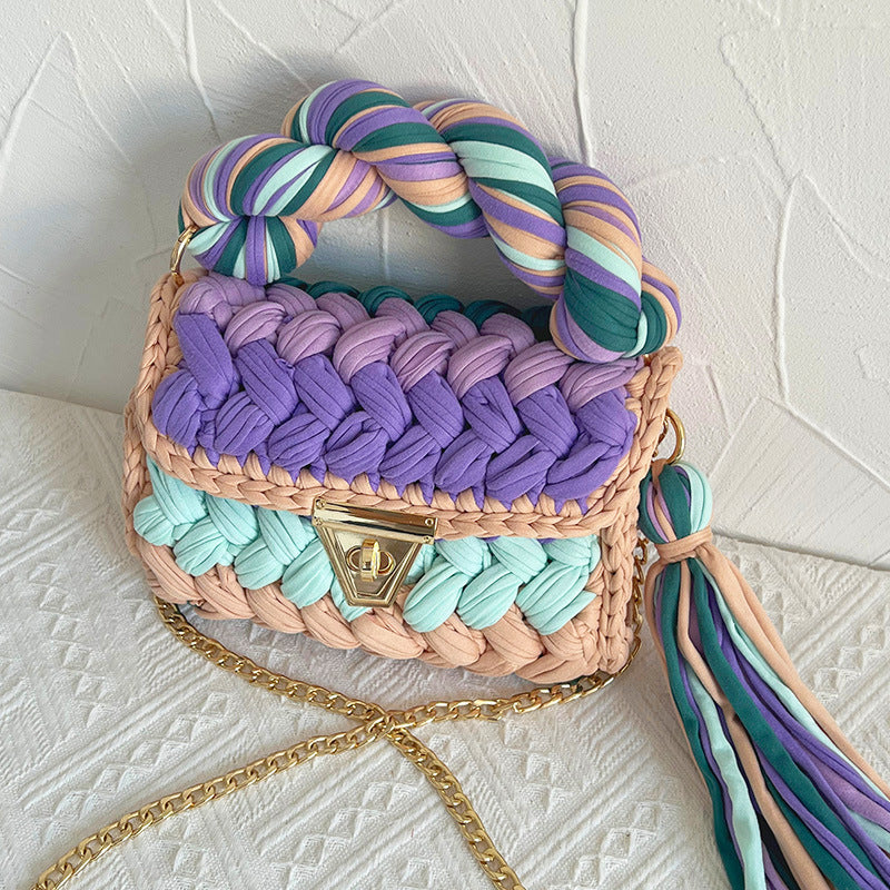 Contrast Color Handmade Finished Strip Thread Wool Bearded Bags