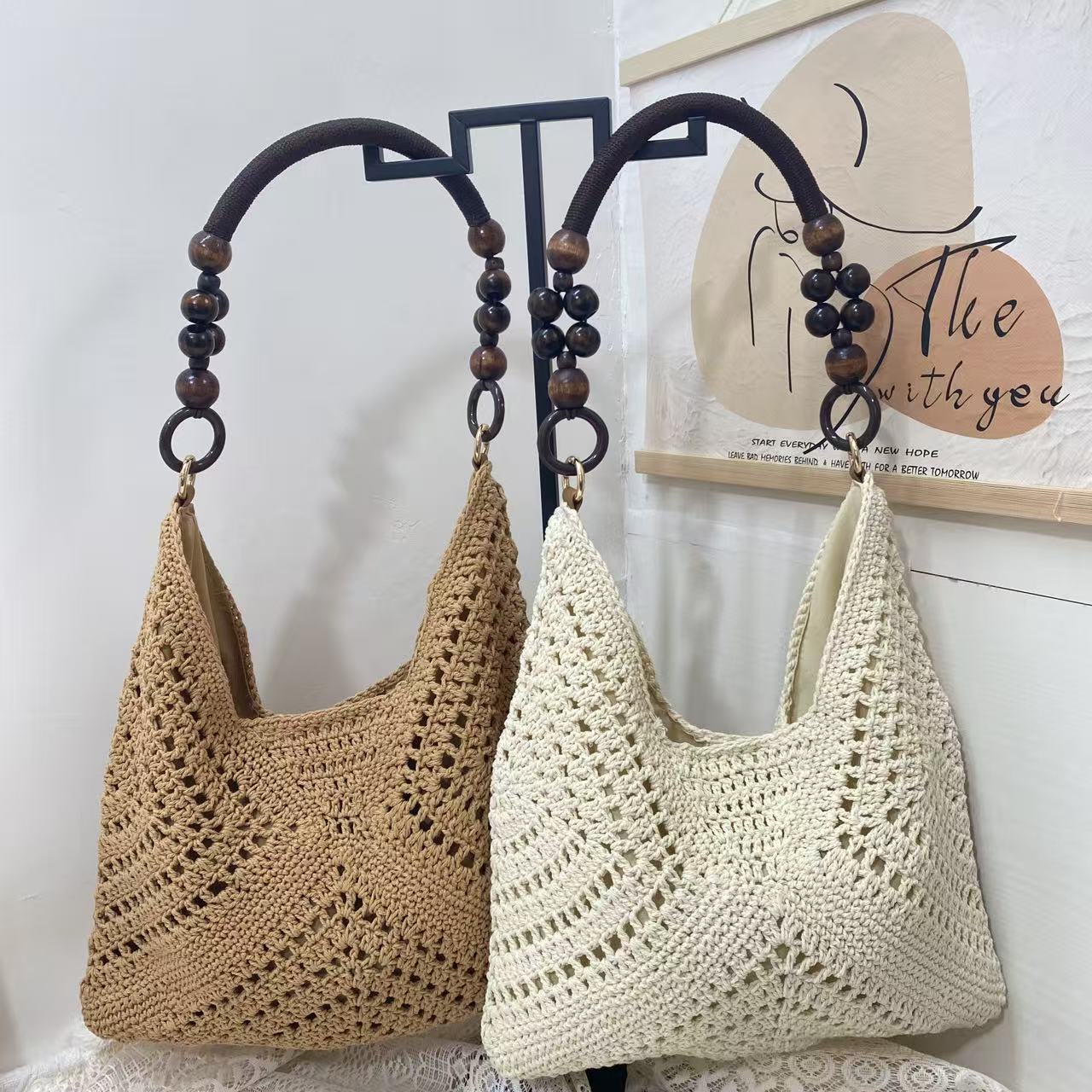 Hollow Wooden Bead Portable Commuter Large Tote Bags