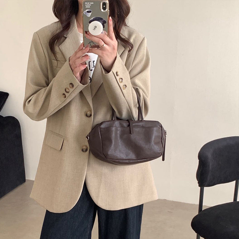 Women's Tanned Soft Sheepskin Bowling Retro Style Genuine Leather Boston Handbags