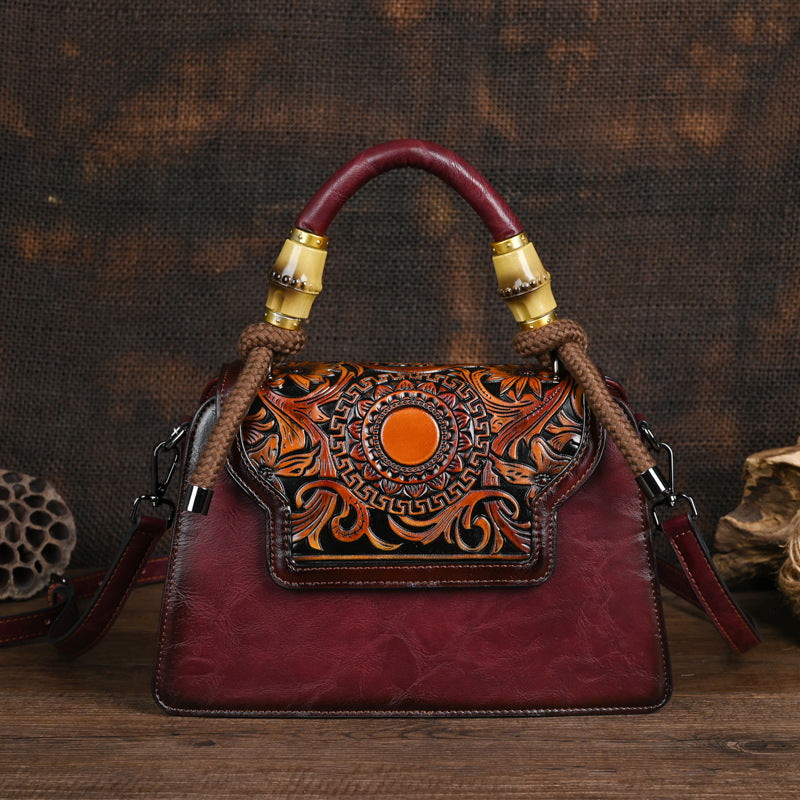 Women's Retro Artistic Style Underarm Bamboo Hemp Rope Hand-held Embossing Brush-off Bags