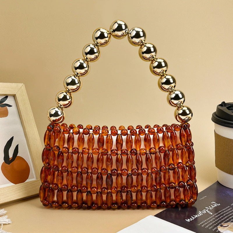 Amber Brown Special Interest Light Luxury Handmade Beaded Hollow Retro Women's Handbag